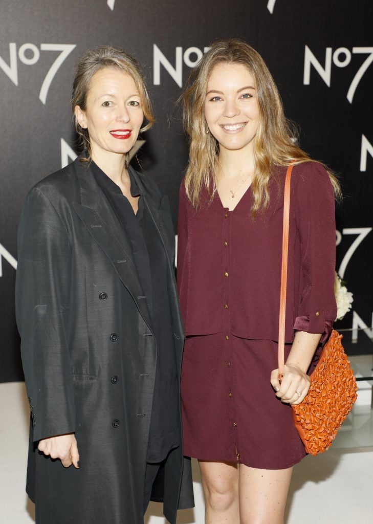 Sarah Halliwell and Emma Manley at the launch of No7 Laboratories and No7 Laboratories Line Correcting Booster Serum at 25 Fitzwilliam Place. Photo Kieran Harnett