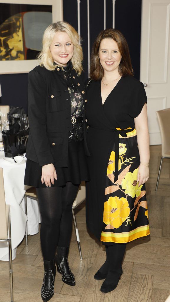 Lorna Weightman and Rosie McMeel at the launch of No7 Laboratories and No7 Laboratories Line Correcting Booster Serum at 25 Fitzwilliam Place. Photo Kieran Harnett