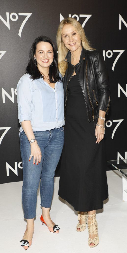 Triona McCarthy and Nadine Baggott at the launch of No7 Laboratories and No7 Laboratories Line Correcting Booster Serum at 25 Fitzwilliam Place. Photo Kieran Harnett