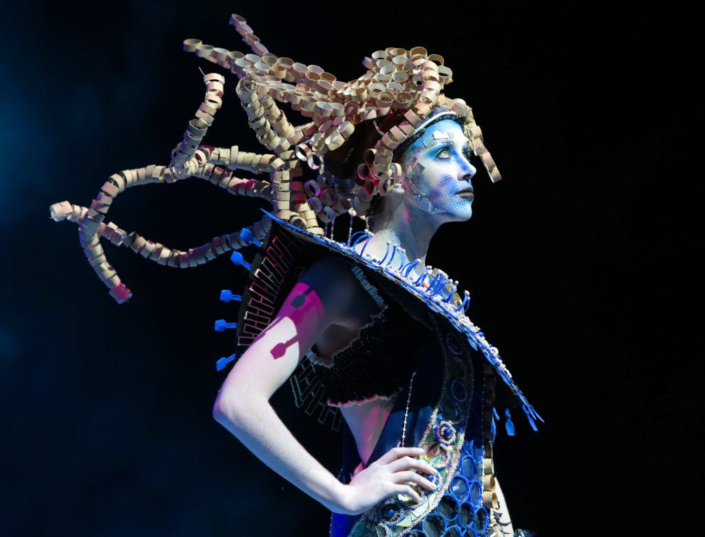 Student Michaela Linden from Ballybay Community College, Monaghan  pictured wearing a creation fashioned from junk and recycled materials in rehearsals ahead of the Bank of Ireland Junk Kouture 2018 Grand Final at 3Arena, Dublin. Photo: Brian McEvoy