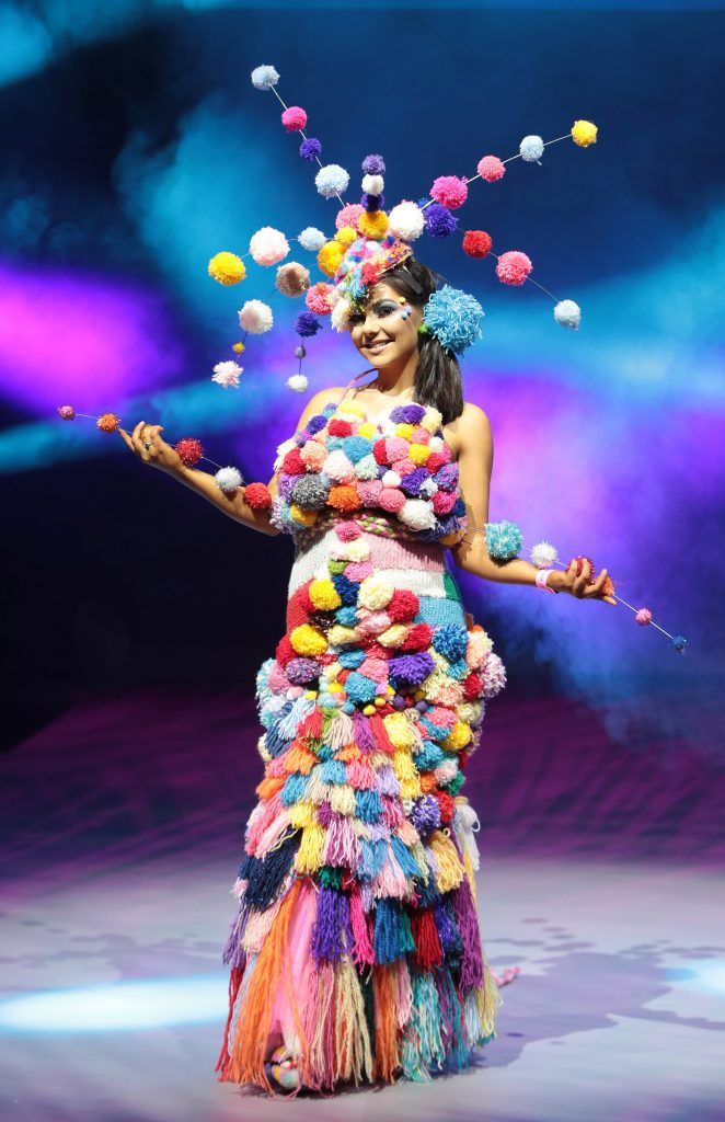 Students from schools across Ireland  were  pictured today wearing creations  fashioned from junk and recycled materials in rehearsals ahead of the  Grand Final of Bank of Ireland Junk Kouture 2018 at the 3 Arena Dublin.  86 hopeful students from all over Ireland are  gracing the catwalk in the 3Arena for  the eighth annual final.
Pictured is Model Tammy Wright from  Scoil Chriost Ri, Portlaoise, Laois. This dress is made entirely from recycled wool wire from washing baskets and old bed sheets. Different methods such as weaving knitting etc. was used so these items would be unrecognizable.

Pic Brian McEvoy
No Repro fee