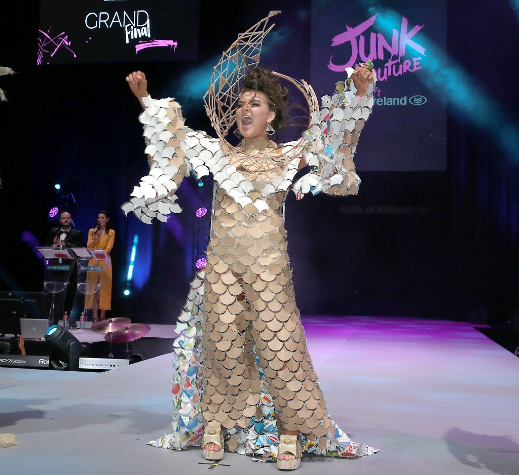 Isabelle Clarke of Our Lady's Bower School, Athlone wears a dress designed by fellow student Mary Brody which won the overall prestigious Bank of Ireland Junk Kouture trophy. Photo: Brian McEvoy