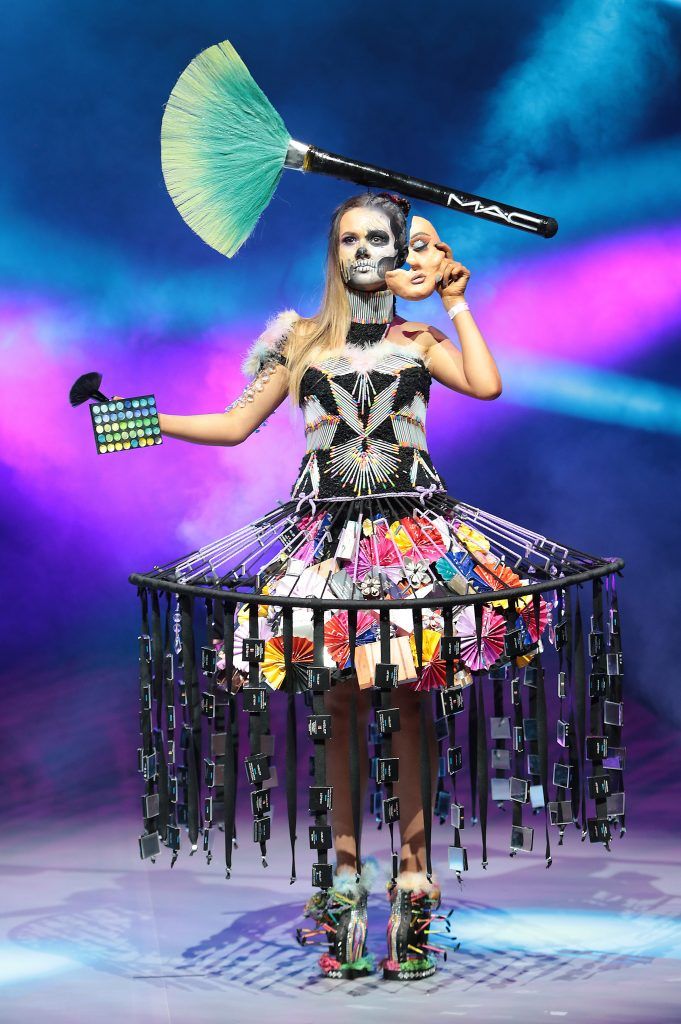 Student Benita Wrochna from Ursuline Community School, Thurles Tipperary  pictured wearing a creation fashioned from junk and recycled materials in rehearsals ahead of the Bank of Ireland Junk Kouture 2018 Grand Final at 3Arena, Dublin. Photo: Brian McEvoy
