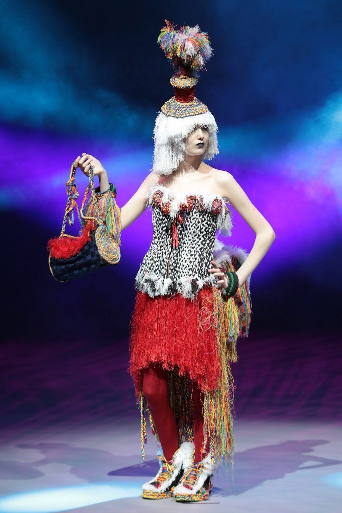Student Tiegan Harris from Sancta Maria School Westmeath pictured wearing a creation fashioned from junk and recycled materials in rehearsals ahead of the Bank of Ireland Junk Kouture 2018 Grand Final at 3Arena, Dublin. Photo: Brian McEvoy