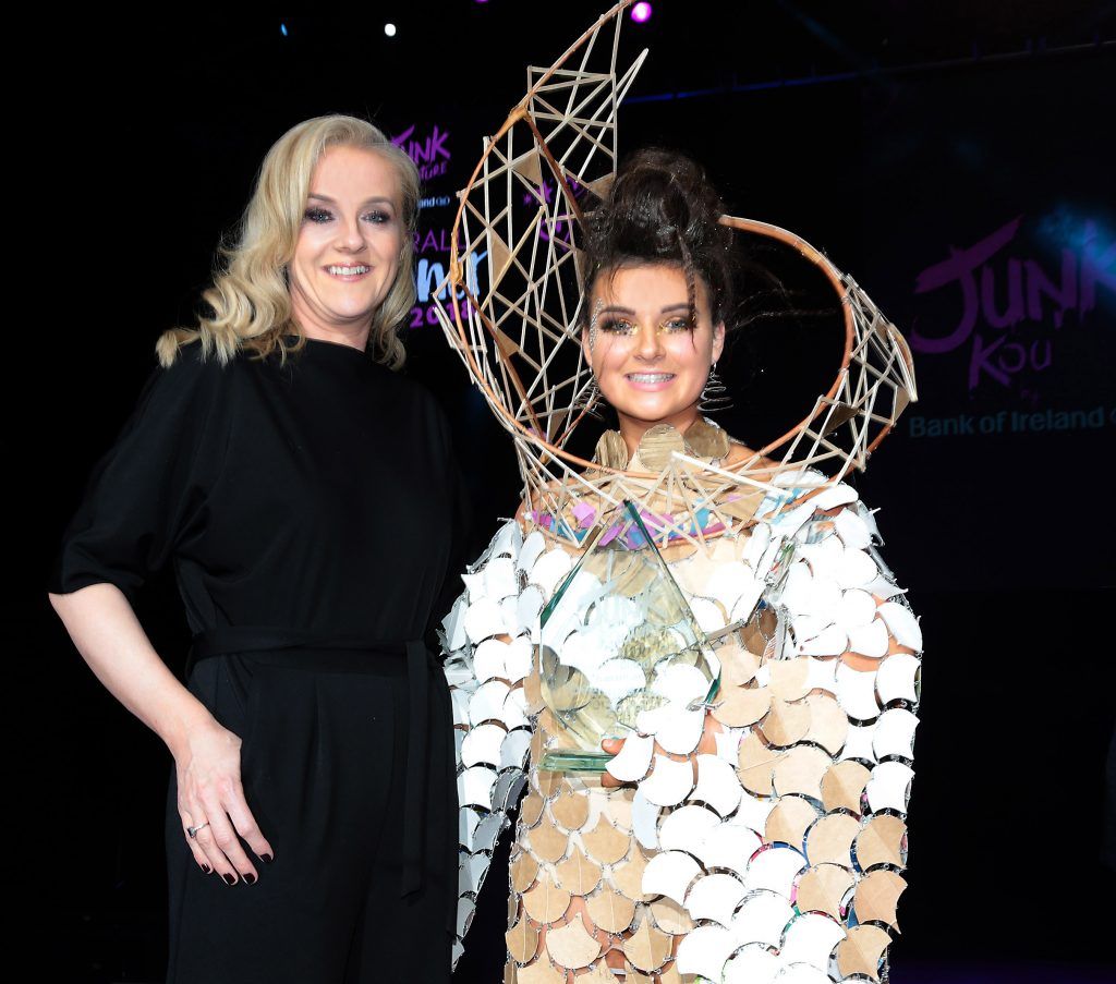 Laura Lynch -Head of Segments and Propositions at Bank of Ireland with Isabelle Clarke of Our Lady's Bower School, Athlone wears a dress designed by fellow student Mary Brody which won the overall prestigious Bank of Ireland Junk Kouture trophy. Photo: Brian McEvoy