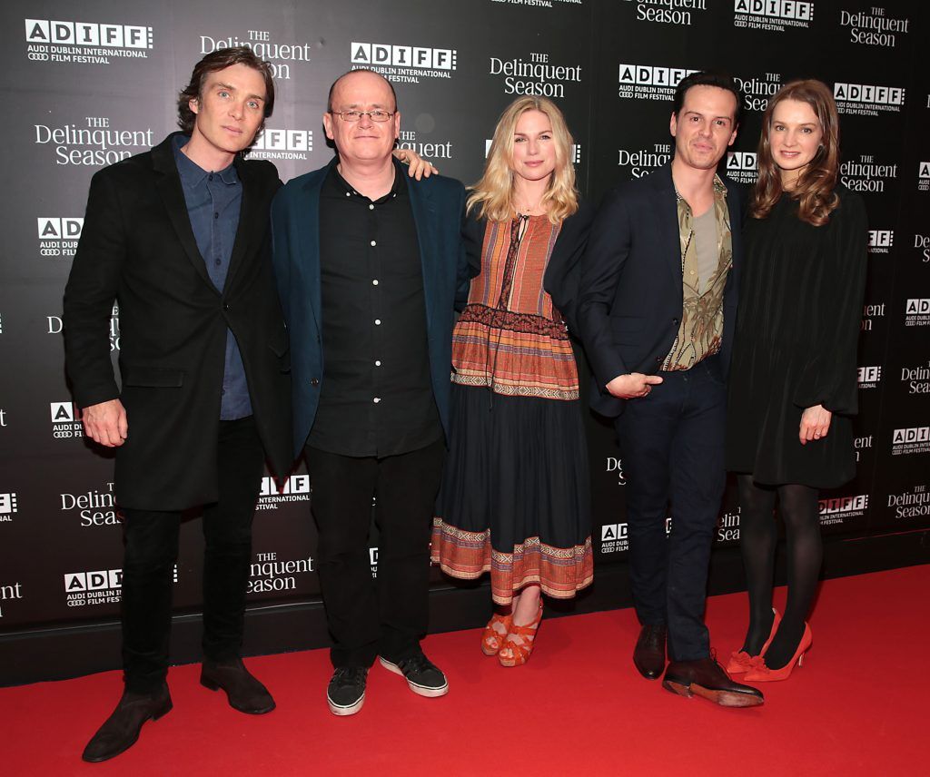 Cillian Murphy, Mark O Rowe, Eva Birthistle, Andrew Scott and Catherine Walker on the red carpet at the world premiere of Mark O'Rowe's film directorial debut The Delinquent Season in Cineworld, Dublin as part of the Audi Dublin International Film Festival. Pictures: Brian McEvoy
