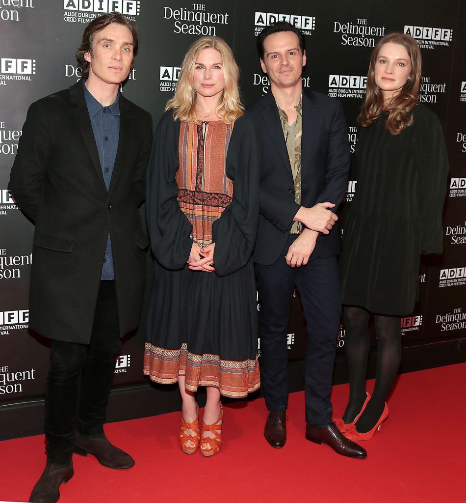 Actors Cillian Murphy, Eva Birthistle, Andrew Scott  and Catherine Walker on the red carpet at the world premiere of Mark O'Rowe's film directorial debut The Delinquent Season in Cineworld, Dublin as part of the Audi Dublin International Film Festival. Pictures: Brian McEvoy