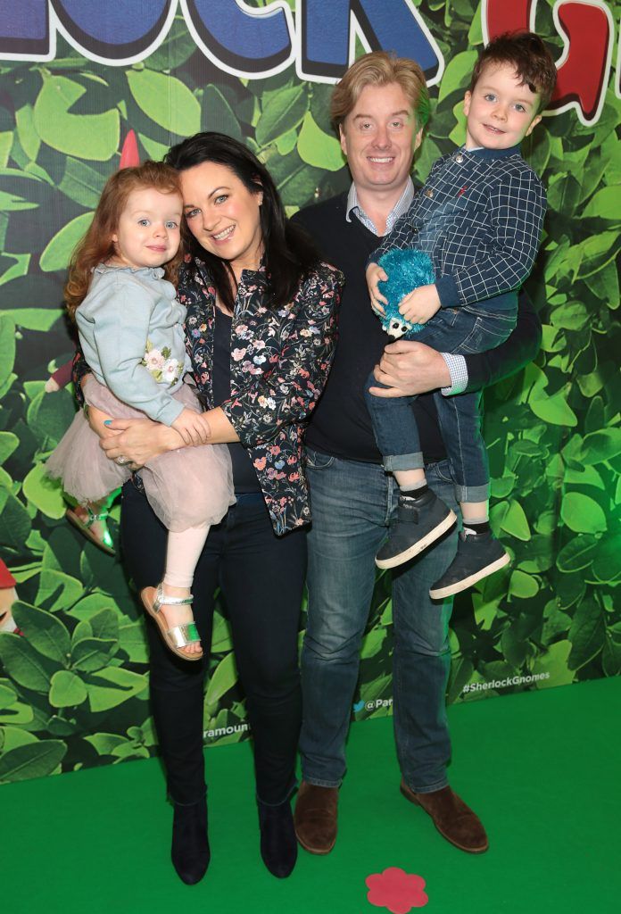 Triona McCarthy and Will White with children Mini and Max at the special preview screening of Sherlock Gnomes at ODEON Cinema In Point Square, Dublin. Photo: Brian McEvoy