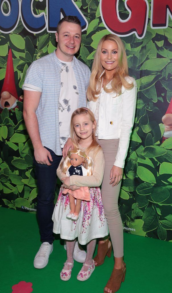 Keith Malone, Kerri Nicole Blanc and daughter Kayla at the special preview screening of Sherlock Gnomes at ODEON Cinema In Point Square, Dublin. Photo: Brian McEvoy