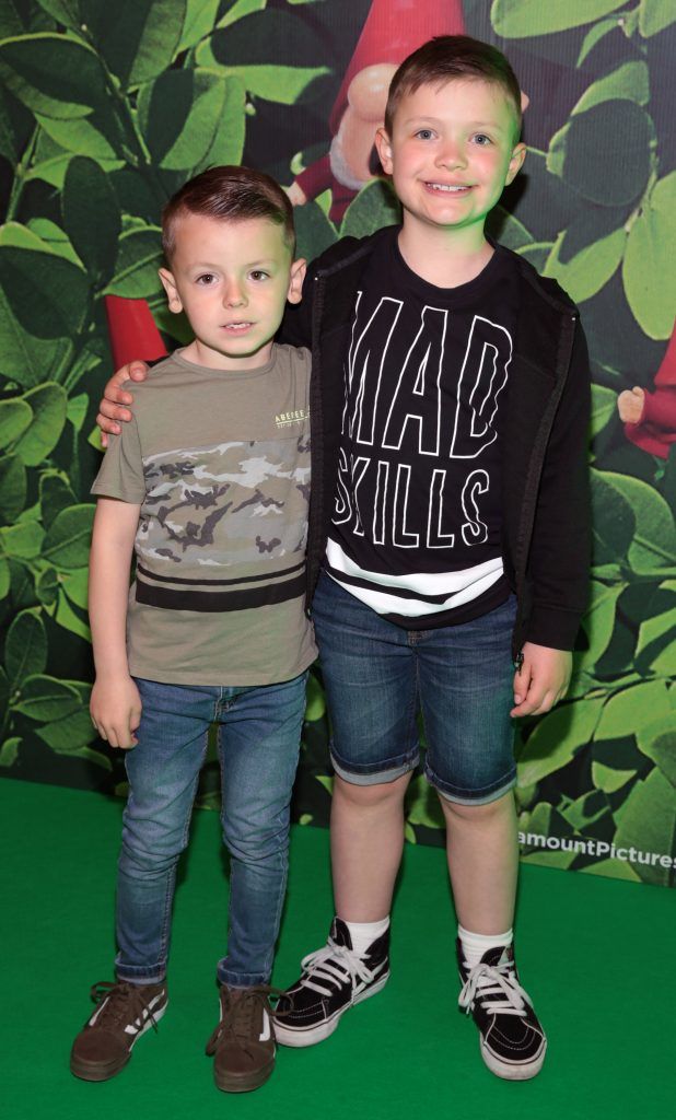 Dylan Cunningham and Tadhg Ryan at the special preview screening of Sherlock Gnomes at ODEON Cinema In Point Square, Dublin. Photo: Brian McEvoy