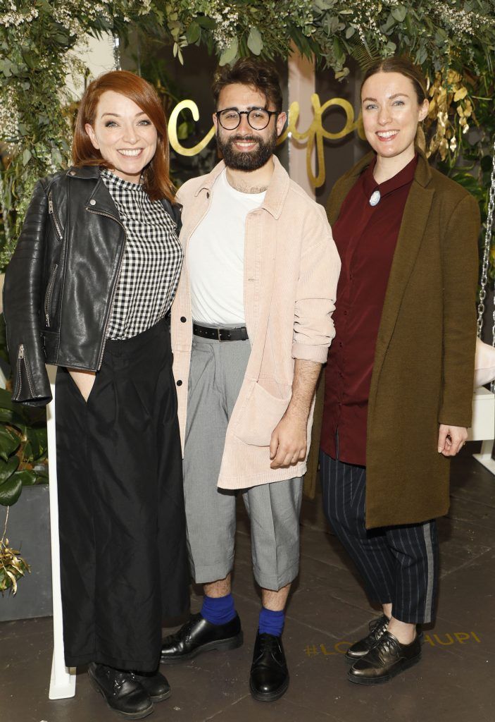 Irene O'Brien, Conor Merriman and Claire Buckley at Chupi's 5th Birthday & SS18 Collection Launch Party held at the Powerscourt Townhouse Dublin-photo Kieran Harnett