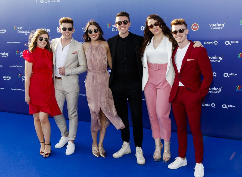 Repro Free: Irish Eurovision hopeful Ryan O'Shaughnessy pictured on the blue carpet with Claire-Ann Varley, Alan McGrath, Remy Naidoo, Janet Grogan and Kevin O'Dwyer at the opening ceremony for the Eurovision Song Contest 2018 in Lisbon, Portugal. Picture Andres Poveda