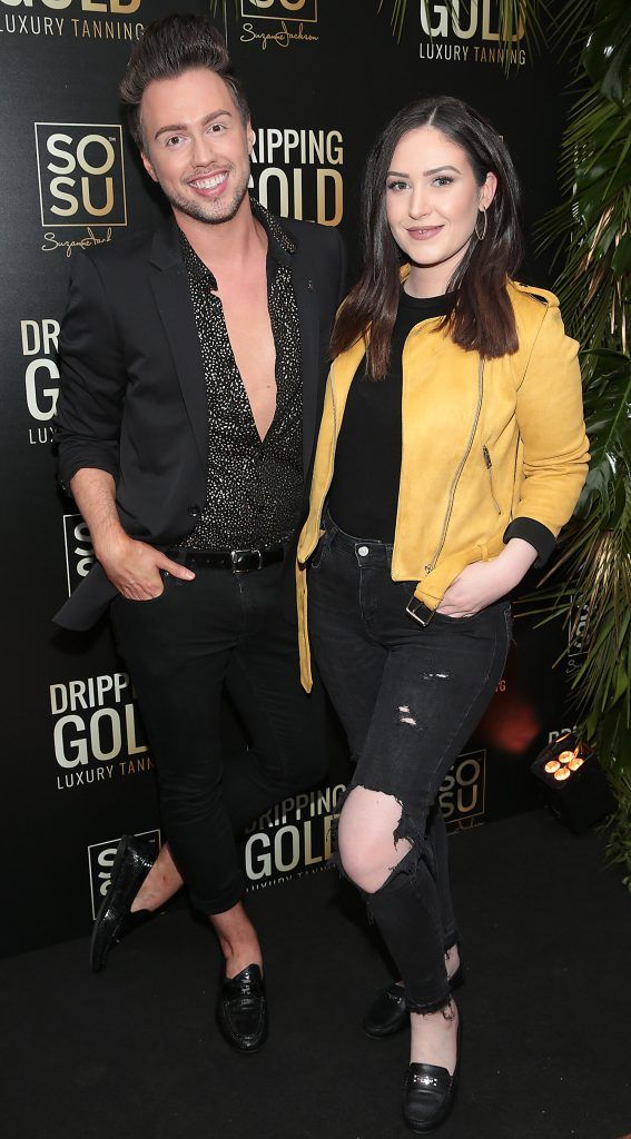 Mark Rogers and Orla McConnon at the launch of Suzanne Jackson's new SOSU Dripping Gold Luxury Tanning Range at Fire Restaurant in Dawson Street, Dublin. Photo: Brian McEvoy