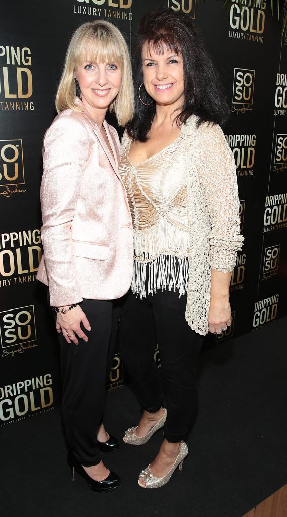 Norma Gill and Linda O Gorman at the launch of Suzanne Jackson's new SOSU Dripping Gold Luxury Tanning Range at Fire Restaurant in Dawson Street, Dublin. Photo: Brian McEvoy