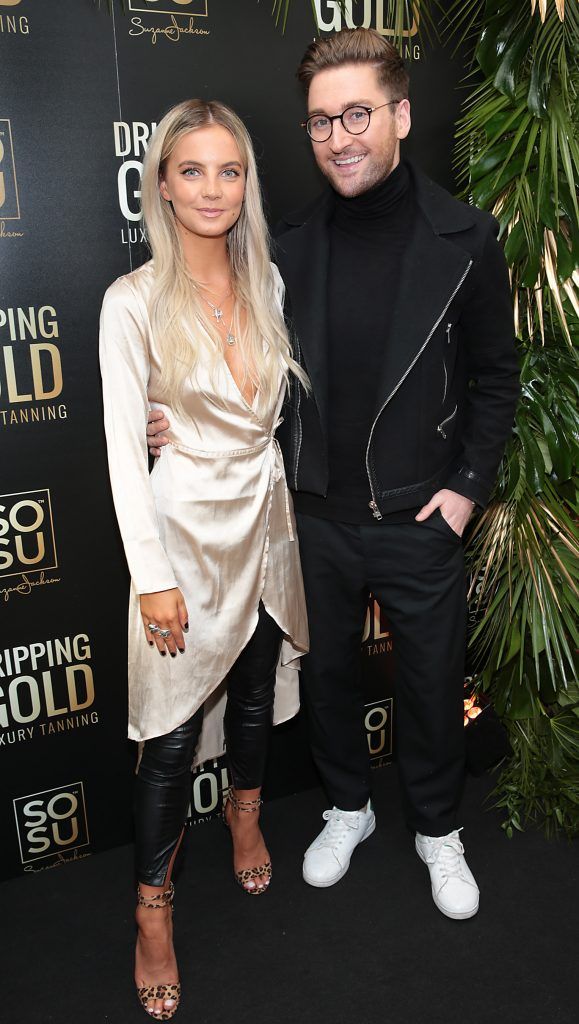 Joanna Cooper and Rob Kenny at the launch of Suzanne Jackson's new SOSU Dripping Gold Luxury Tanning Range at Fire Restaurant in Dawson Street, Dublin. Photo: Brian McEvoy