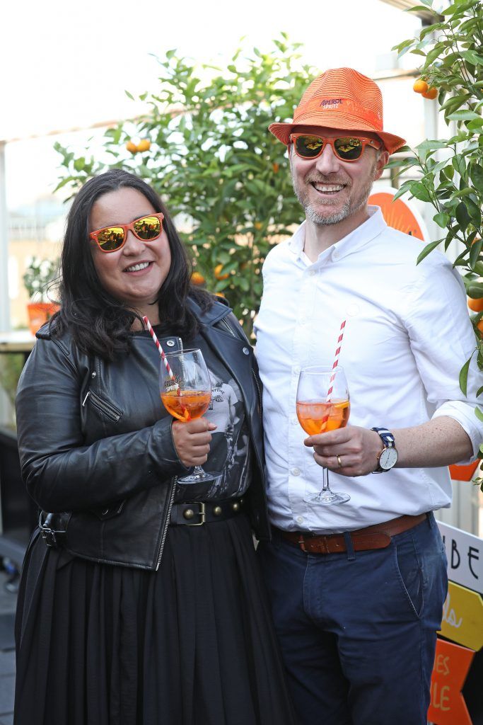 Emma and Alan Henderson pictured as Aperol Spritz, Italy's favourite aperitif, unveiled a new home in Dublin, Terrazza Aperol at Sophie's. Photo by Julien Behal