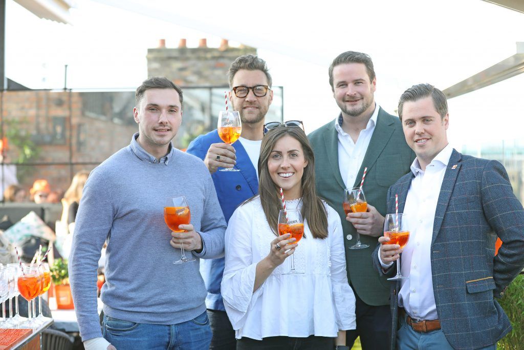 Ian Kennedy, Rebecca Savage, Federico Riezzo,Gavin Woodroofe and Jeff Brennan pictured as Aperol Spritz, Italy's favourite aperitif, unveiled a new home in Dublin, Terrazza Aperol at Sophie's. Photo by Julien Behal