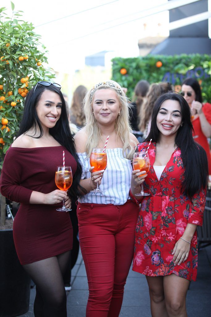 Sarah-Emma, Ali Ryan and Bianca O'Connor pictured as Aperol Spritz, Italy's favourite aperitif, unveiled a new home in Dublin, Terrazza Aperol at Sophie's. Photo by Julien Behal