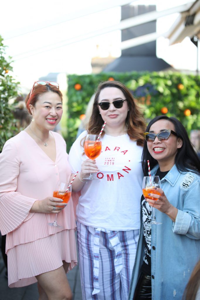 Judy Wong, Gemma Burke and Ella Deguzman pictured as Aperol Spritz, Italy's favourite aperitif, unveiled a new home in Dublin, Terrazza Aperol at Sophie's. Photo by Julien Behal