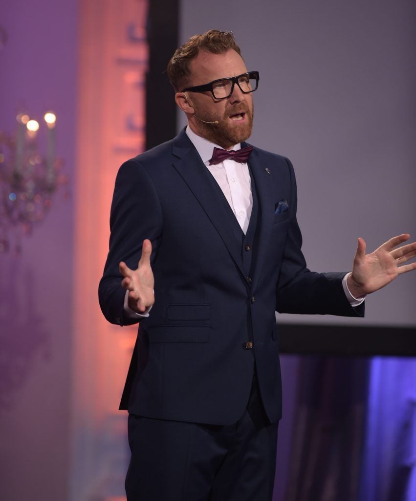 Jason Byrne on stage presenting the IFTA Gala Television Awards 2018 at the RDS Dublin. Photo by Michael Chester