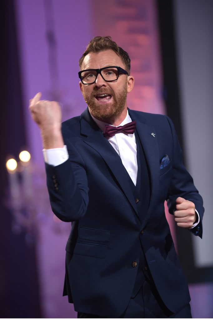 Jason Byrne on stage presenting the IFTA Gala Television Awards 2018 at the RDS Dublin. Photo by Michael Chester