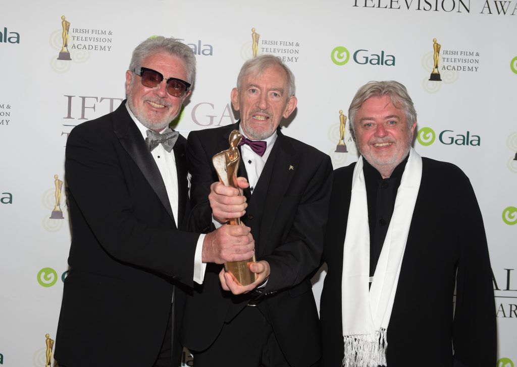 Shay Healy who received a Lifetime Achievement Award with John McColgan and Bill Whelan pictured at the IFTA Gala Television Awards 2018 at the RDS Dublin. Photo by Michael Chester