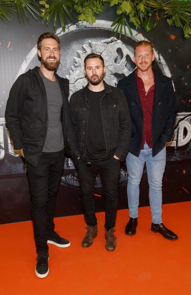 Andrew Glover, Andy Kavabagh and Harry Sullivan of Key West are pictured at the Irish premiere screening of Jurassic World: Fallen Kingdom at ODEON Point Square, Dublin. Picture Andres Poveda