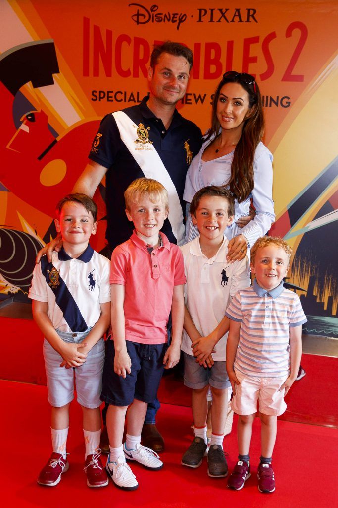 Mark Stone and Michelle Regazolli Stone with Hugo Stone (6), Jude Phelan (8) Max Stone (8) and Joel Phelan (5) ictured at the special preview screening of INCREDIBLES 2 at the Light House Cinema. Picture Andres Poveda