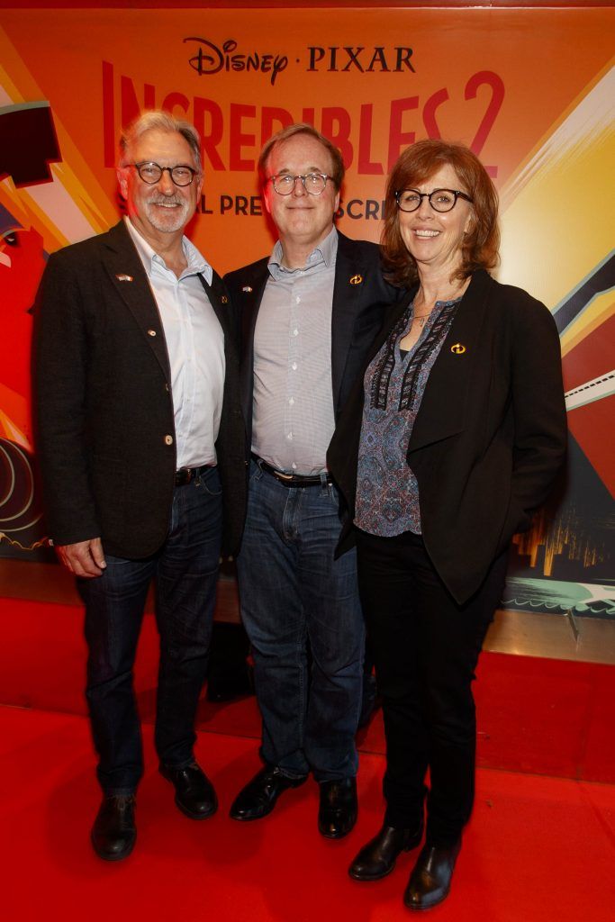 Pictured at Special Preview Screening of INCREDIBLES 2 at the Light House Cinema, Dublin is Producer John Walker, Director Brad Bird & producer Nicole Grindle. Picture Andres Poveda