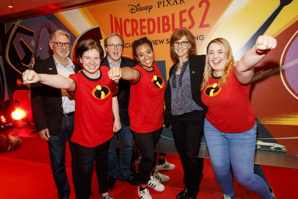 Pictured at Special Preview Screening of INCREDIBLES 2 at the Light House Cinema, Dublin is Producer John Walker, Director Brad Bird & producer Nicole Grindle with fans Sarah Hubbard, Emily O’Keefe and Sally Twomey. Picture Andres Poveda