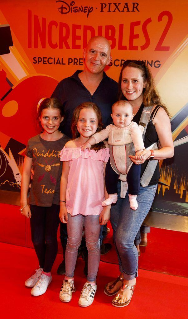 Conor and Sonia Pope with children Molly (11) Juliette (9) and Ruby (6 mths) ictured at the special preview screening of INCREDIBLES 2 at the Light House Cinema. Picture Andres Poveda