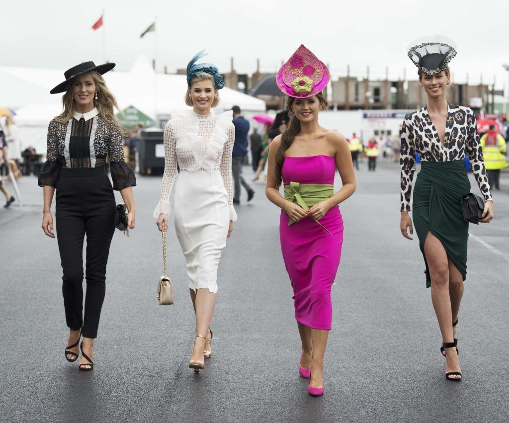 Mary Lee, Katie Geoghegan ,Designer Jennifer Wyrnne Milliner and Eliska McAndrew pictured at The G Hotel best dressed at the Galway races. Photo: Andrew Downes