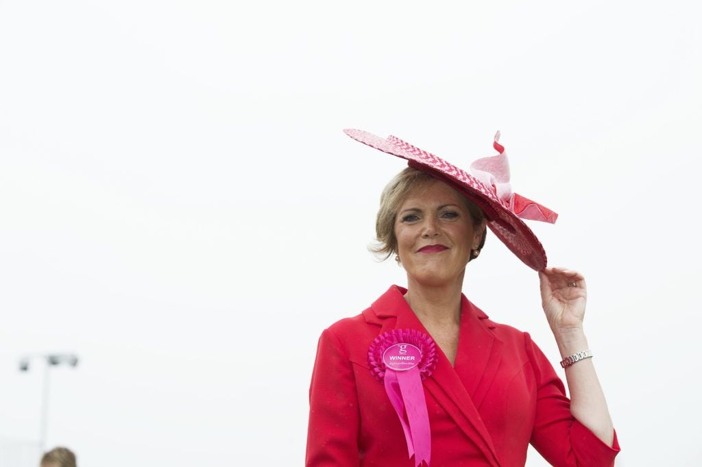 Moira O'Toole was named winner of the best hat at The G Hotel best dressed at the Galway races. Photo: Andrew Downes
