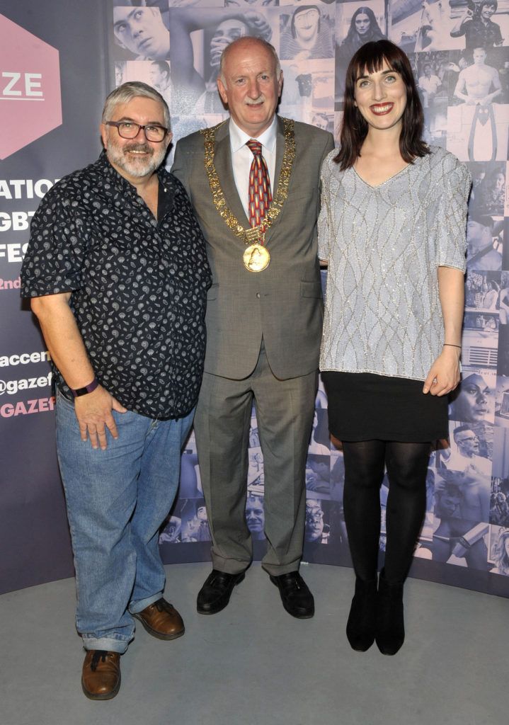 Bill Hughes, Lord Mayor of Dublin Nial Ringand  and Roisín Geraghty (Festival Programmer Pictured at the opening night of the GAZE Film Festival in Light House Cinema. Photos: Patrick O'Leary 
