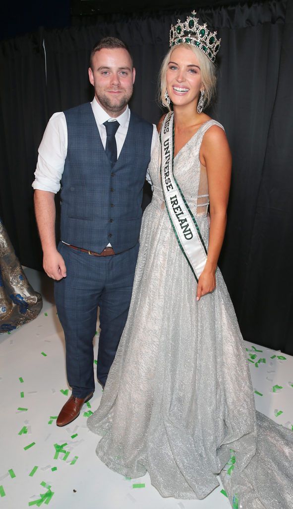 Ryan Coleman congratulates his girlfriend  Miss Universe Donegal Grainne Gallanagh who was crowned winner of Miss Universe Ireland 2018 at the final of Miss Universe Ireland 2018 at the Round Room of Dublin’s Mansion House. Picture: Brian McEvoy.