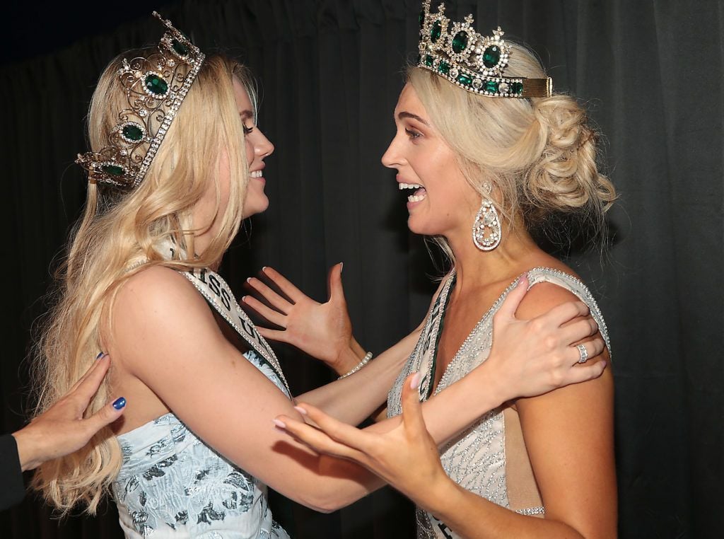 Miss Universe Ireland 2017 Cailin Aine Ni Toibin (left) with  Miss Universe Donegal Grainne Gallanagh  (Right) who was crowned winner of Miss Universe Ireland 2018 at the final of Miss Universe Ireland 2018 at the Round Room of Dublin’s Mansion House. Picture: Brian McEvoy.