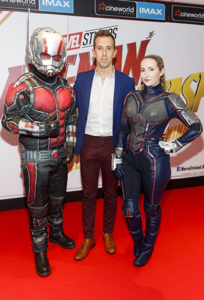 Luke O'Faolain is pictured with Ant-Man (Anthony Murphy ) and Wasp (Lauren Murphy) at the Marvel Studios special preview screening of ANT MAN AND THE WASP in Cineworld IMAX Dublin. Picture Andres Poveda