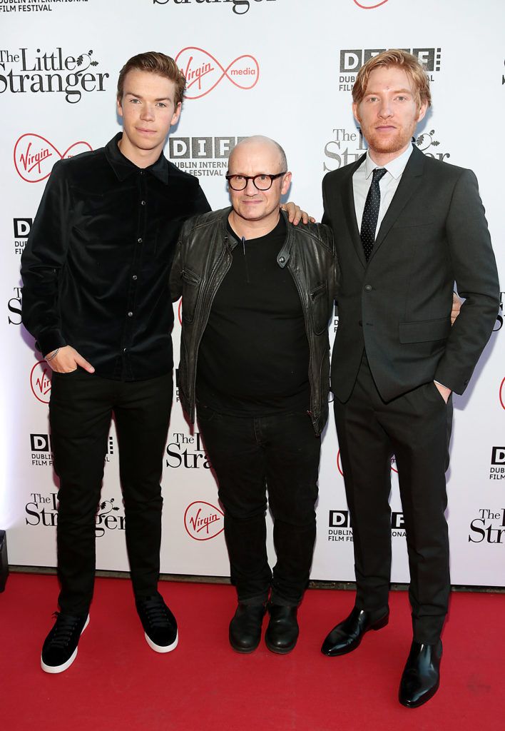 Actors Will Poulter and Domhnall Gleeson with Director Lenny Abrahamson (centre) at the European premiere of The Little Stranger. Photo: Brian McEvoy