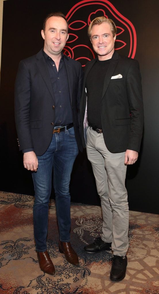 Richard Kavanagh and PJ Gibbons at the Shiseido International Charity Lunch and Fashion Show in aid of the Rape Crisis Centre hosted by catwalk queen Miss Candy at the Westin Hotel, Dublin. Pic Brian McEvoy Photography
