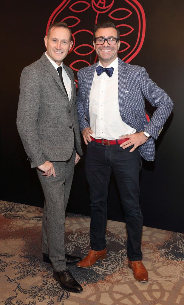 John McKibbin and Jonathan Sultan at the Shiseido International Charity Lunch and Fashion Show in aid of the Rape Crisis Centre hosted by catwalk queen Miss Candy at the Westin Hotel, Dublin. Pic Brian McEvoy Photography