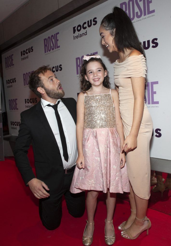 Moe Dunford,Ellie O’Halloran and Ruby Dunne (age 9) pictured at the European premiere of 'Rosie' at the Light House Cinema, Dublin. Photo: Patrick O'Leary