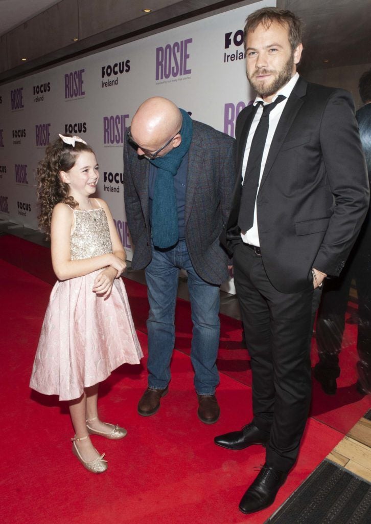 Roddy Doyle speaks to Ruby Dunne (age 9) and Moe Dunford at the European premiere of 'Rosie' at the Light House Cinema, Dublin. Photo: Patrick O'Leary