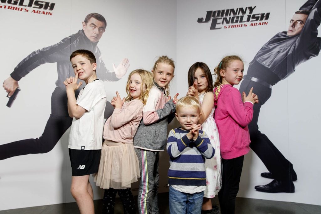 Daithi and Cora Sweeney, Keellen Morrow, Daragh Morrow, Hannah Sweenyy and Av Morrow pictured at a special preview screening of Johnny English Strikes Again at ODEON Point Village, Dublin. Picture Andres Poveda