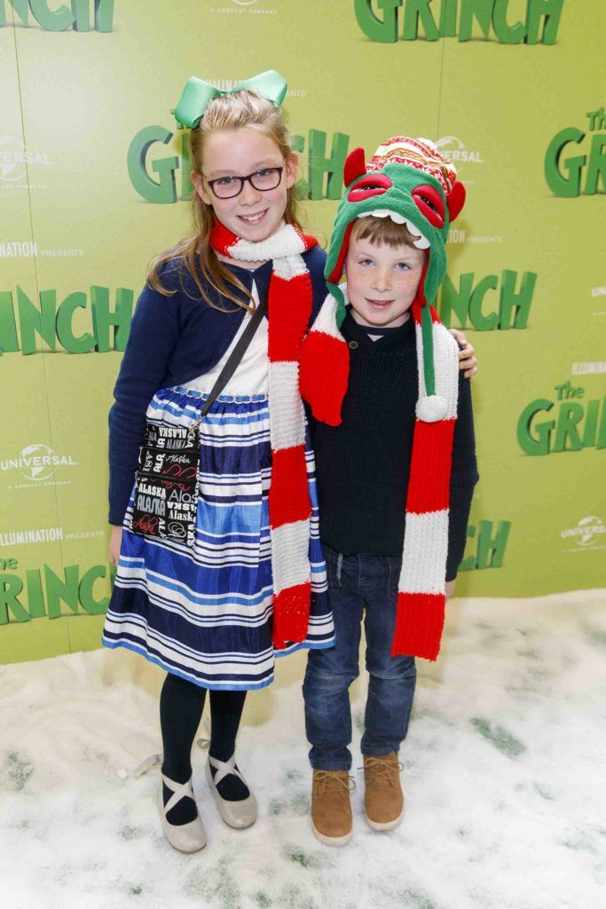 Vivienne Moran (9) and Nathan Moore (6) pictured at the Irish premiere screening of The Grinch at ODEON Point Village, Dublin. Picture Andres Poveda