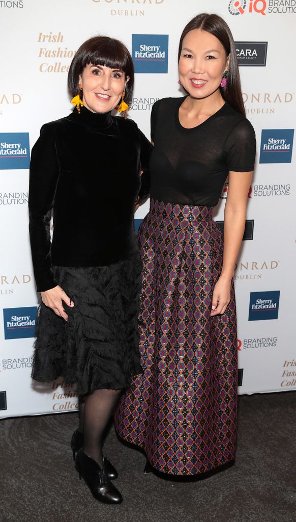 Pegguy Stringer and Varya Namsaraeva at the 2018 Irish Fashion Collective show in aid of Saint Joseph's Shankill, at the Conrad Dublin. Photo: Brian McEvoy