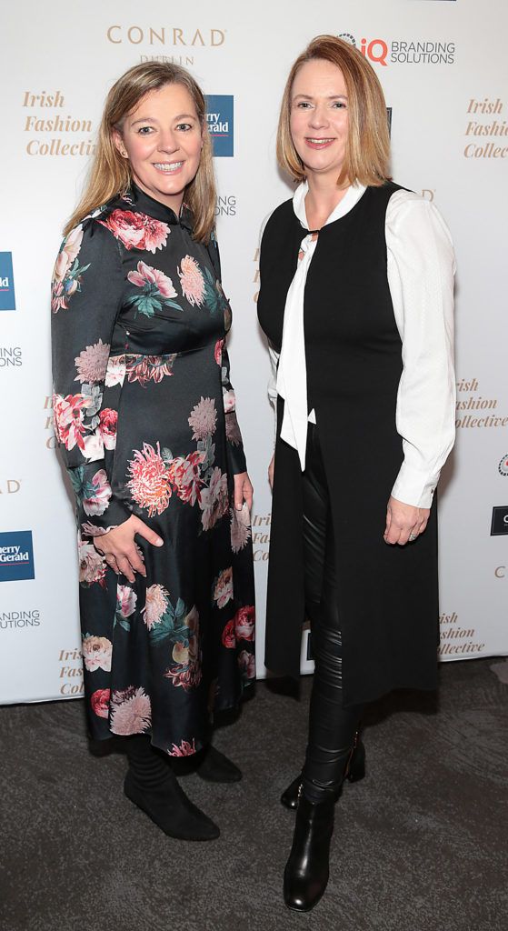 Niamh Kiely and Angela McEvoy at the 2018 Irish Fashion Collective show in aid of Saint Joseph's Shankill, at the Conrad Dublin. Photo: Brian McEvoy