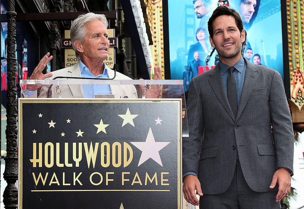 HOLLYWOOD, CA - JULY 01: Actors Michael Douglas, (L) and Paul Rudd attend ceremony honoring actor Paul Rudd with a Star on the Hollywood Walk of Fame on July 1, 2015 in Hollywood, California.  (Photo by Frederick M. Brown/Getty Images)