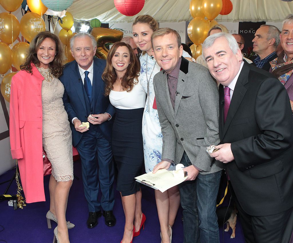 celai Holman Lee,Mark Cagney,Sinead Desmond,Anna daly, Alan hughes and Aidan Cooney  pictured this morning at Tv3's Ireland Am 15th birthday bash  at Tv3 Studio's in Ballymount Dublin.Pic:Brian McEvoy.
