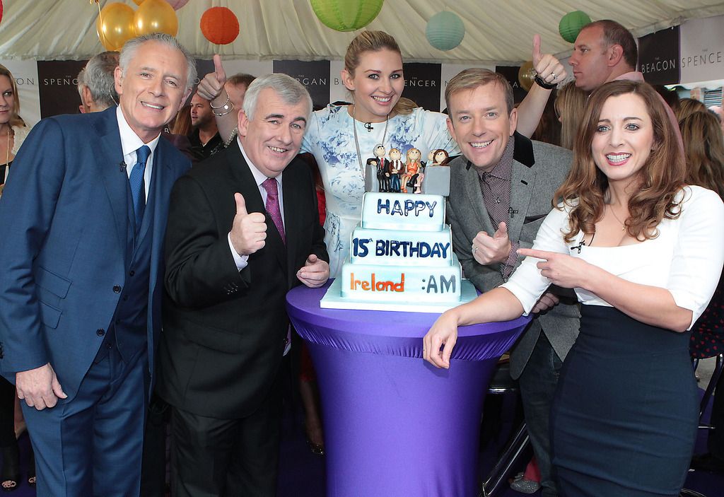 Mark Cagney,Aidan Cooney,Anna daly ,Alan Hughes and Sinead Desmond  pictured this morning at Tv3's Ireland Am 15th birthday bash  at Tv3 Studio's in Ballymount Dublin.Pic:Brian McEvoy.
