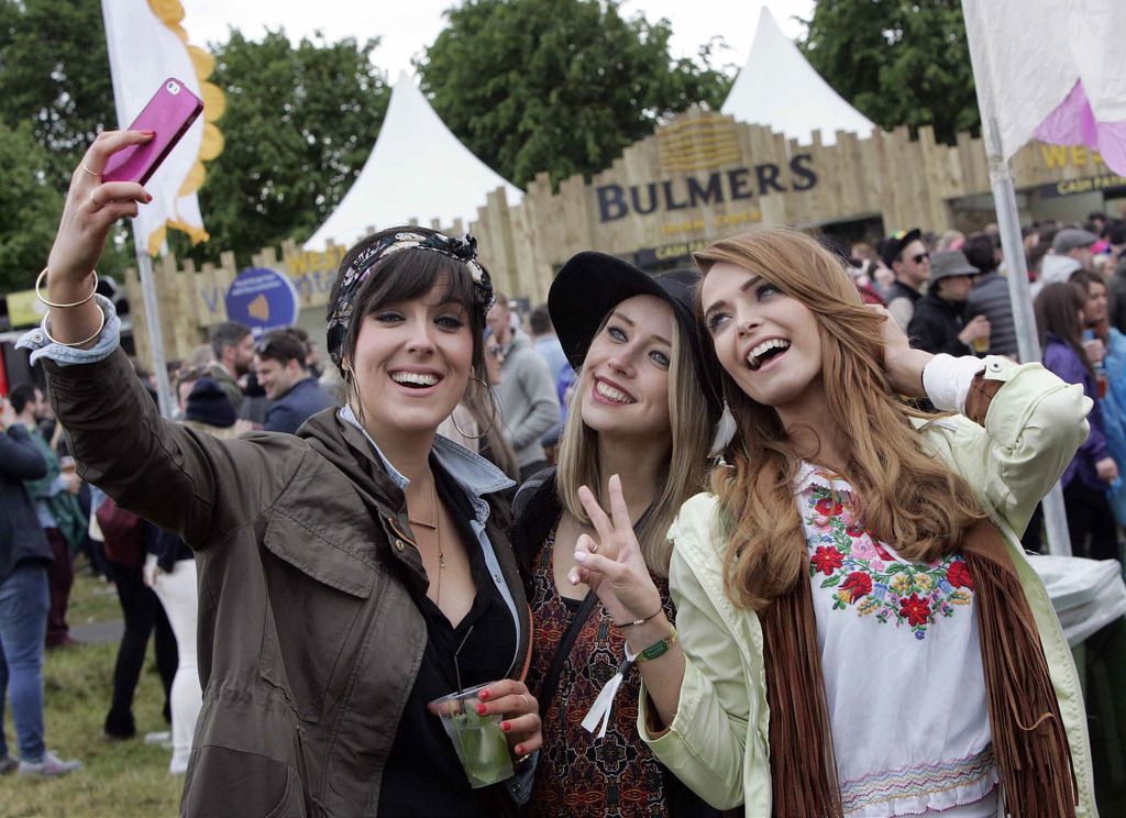 Pictured are, from left, Hazel O'Reilly, Diana Wilson and former Miss Ireland Aoife Walsh at the first music festival of the season, Bulmers Forbidden Fruit with headliners including Fatboy Slim, Groove Armada and the Wu Tang Clan at the Royal  Hospital Kilmainham. Photo: Mark Stedman/Photocall Ireland